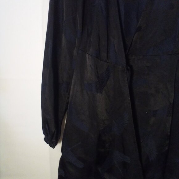 H&M Wrap Dress Women 4 Short Long Sleeve Satin Bird Print Black - Picture 5 of 15